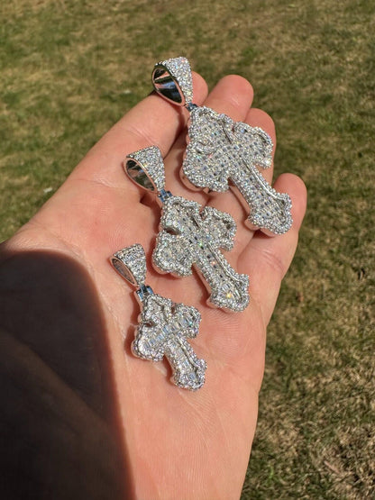 Hip Hop MOISSANITE 2Pac Gothic Cross Pendant Iced Baguette Necklace Real 925 Silver - 3 Sizes
