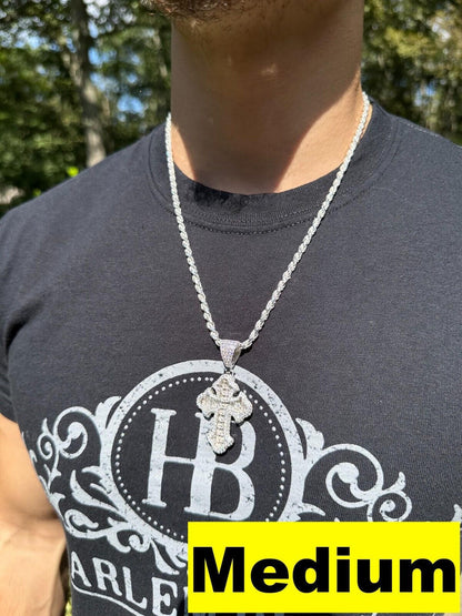 Hip Hop MOISSANITE 2Pac Gothic Cross Pendant Iced Baguette Necklace Real 925 Silver - 3 Sizes