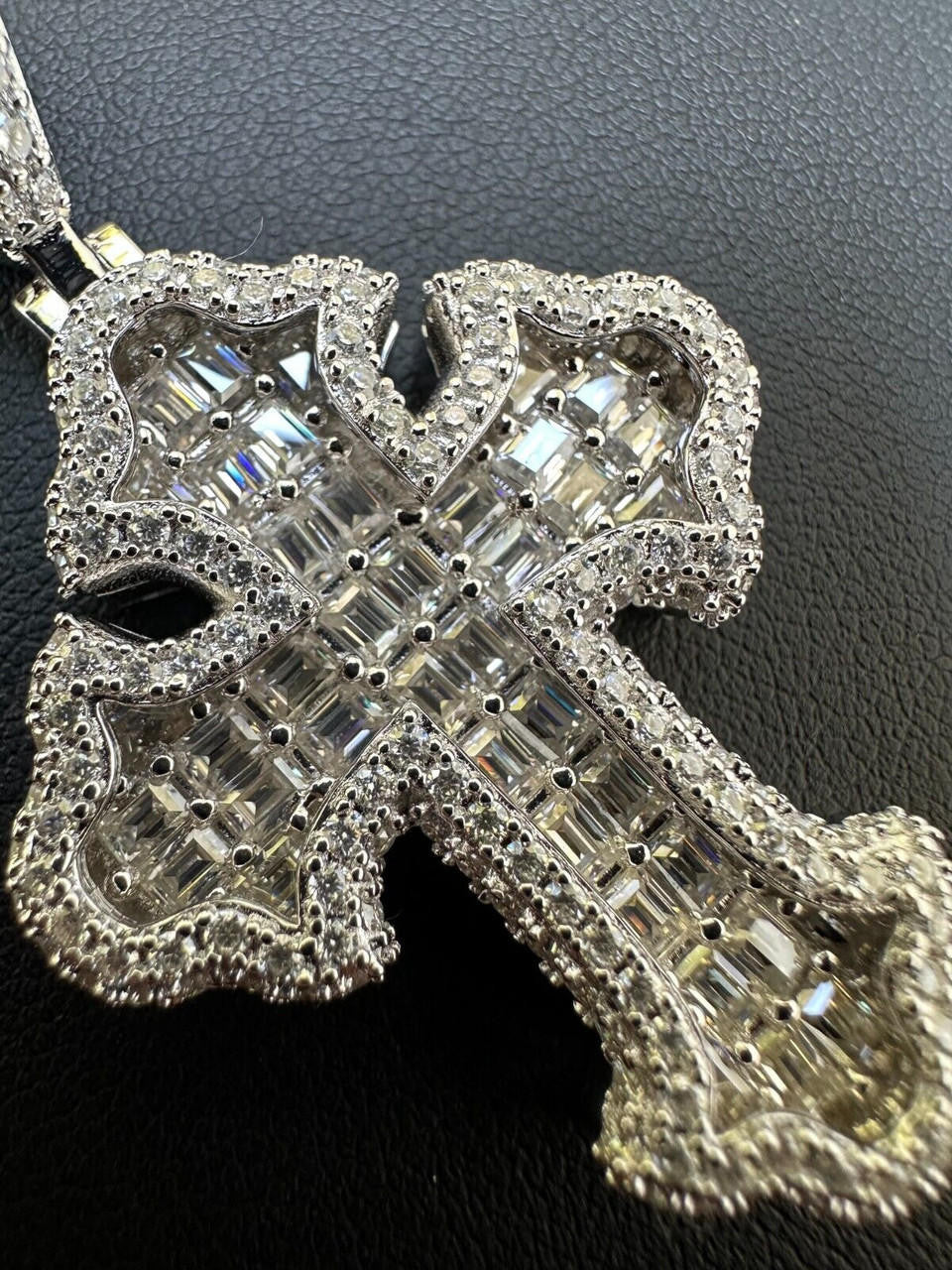 Hip Hop MOISSANITE 2Pac Gothic Cross Pendant Iced Baguette Necklace Real 925 Silver - 3 Sizes