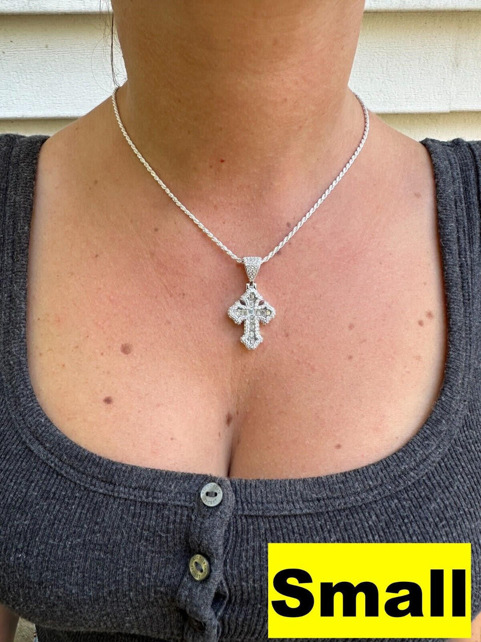 Hip Hop MOISSANITE 2Pac Gothic Cross Pendant Iced Baguette Necklace Real 925 Silver - 3 Sizes