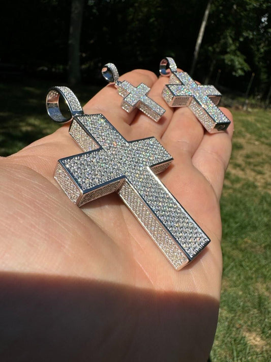 Hip Hop MOISSANITE 3D Iced From All Sides Cross Pendant - 925 Silver - 3 Sizes 1.25"-3.5"