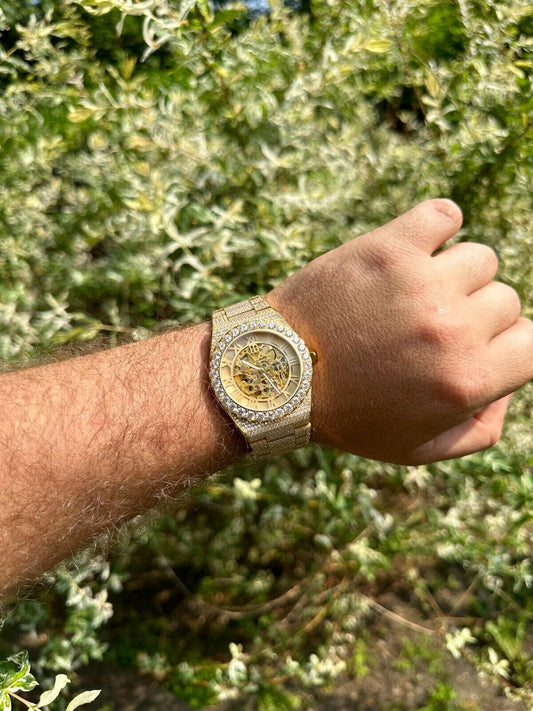 Hip Hop MOISSANITE Automatic Gold Skeleton Watch Mens Real Iced Hip Hop Passes Tester 