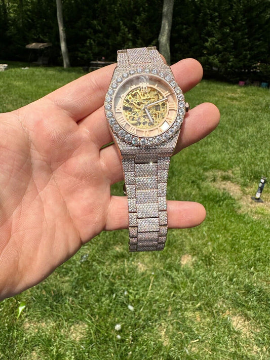 Hip Hop MOISSANITE Automatic Rose Gold Skeleton Watch Mens Real Iced Hip Hop PassTester