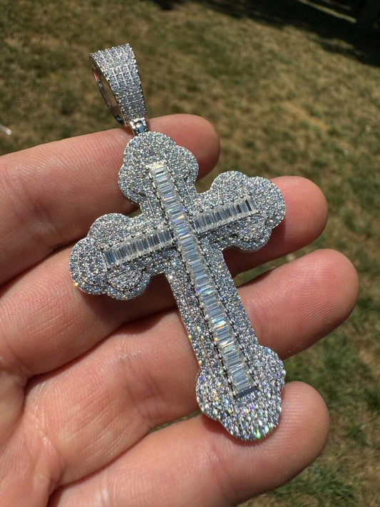 Hip Hop MOISSANITE Baguette Gothic Iced Out Cross Pendant - 925 Silver - 3 Sizes 1.5"-3"