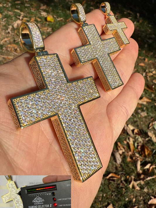 Hip Hop MOISSANITE Boss From All Sides 3D Iced Out Cross Pendant - 14k Gold Vermeil 925 Silver - 3 Sizes 1.25"-3.5"