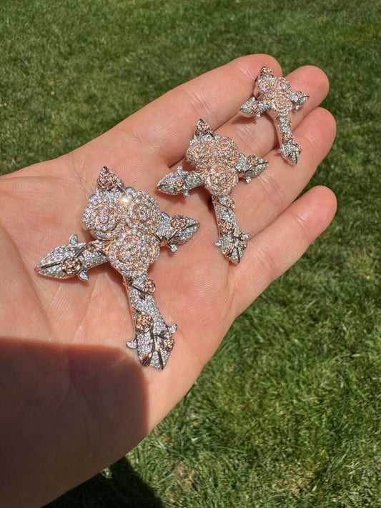Hip Hop MOISSANITE Cross & Rose Thorns Pendant Iced Necklace Real 925 Silver & Rose Gold