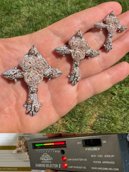 Hip Hop MOISSANITE Cross & Rose Thorns Pendant Iced Necklace Real 925 Silver & Rose Gold