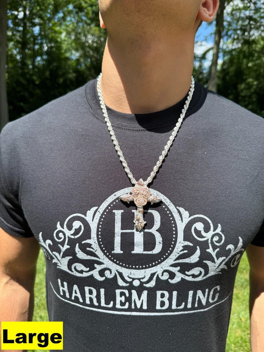 Hip Hop MOISSANITE Cross & Rose Thorns Pendant Iced Necklace Real 925 Silver & Rose Gold