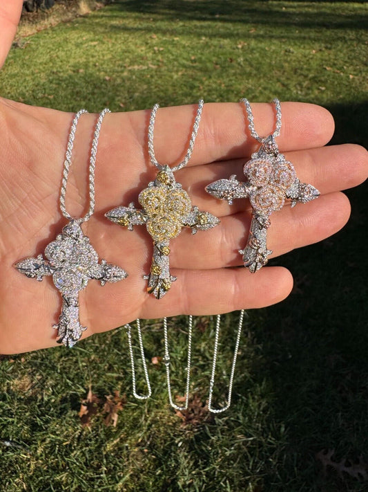 Hip Hop MOISSANITE Cross W. Rose Thorns Pendant Iced Necklace Real 925 Silver / 14k Gold