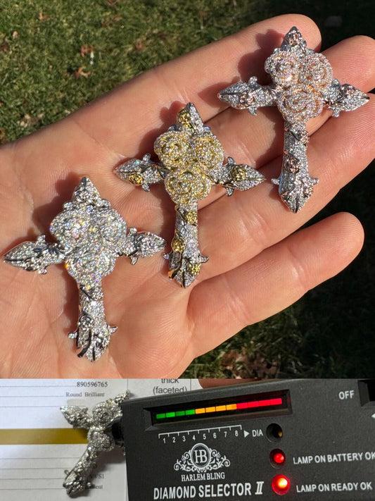 Hip Hop MOISSANITE Cross W. Rose Thorns Pendant Iced Necklace Real 925 Silver / 14k Gold