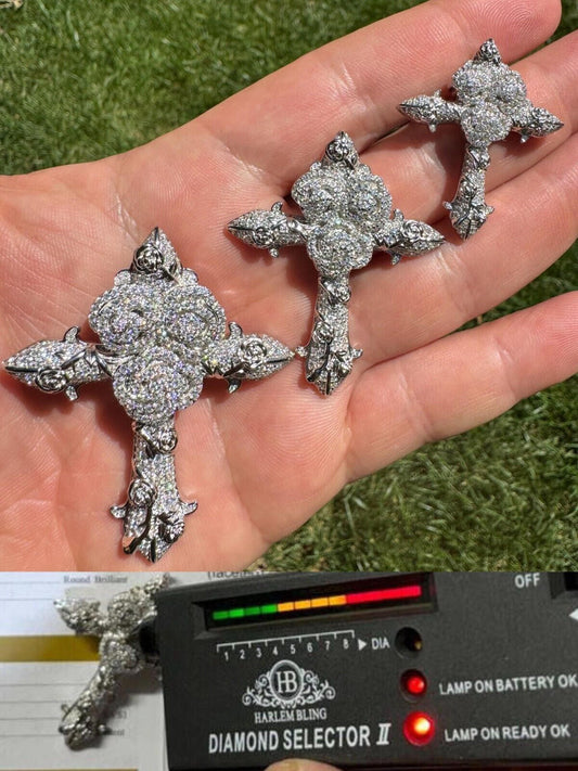 Hip Hop MOISSANITE Cross W. Rose Thorns Pendant Iced Necklace Real 925 Silver - 3 Sizes