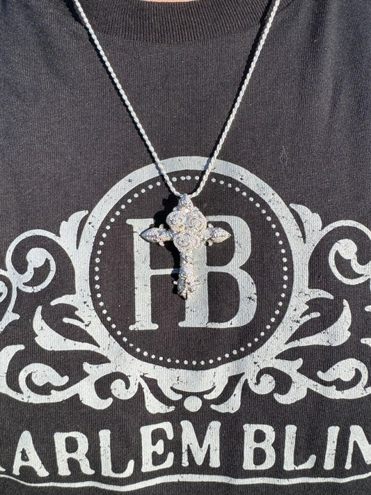 Hip Hop MOISSANITE Cross W. Rose Thorns Pendant Iced Necklace Real 925 Silver - 3 Sizes