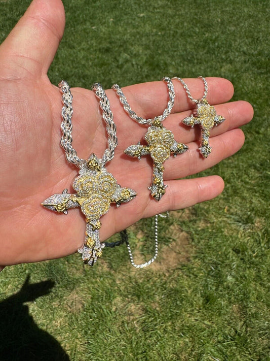 Hip Hop MOISSANITE Cross W. Rose Thorns Pendant Iced Necklace Real 925 Silver & 14k Gold