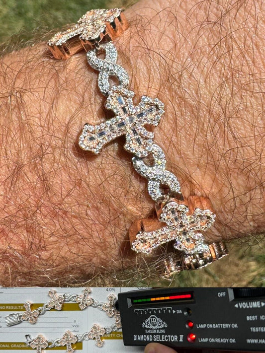 Hip Hop MOISSANITE Eternity Gothic Cross Link Bracelet Iced Out - 14k Rose Gold Vermeil & 925 Silver - 20mm - 7.25"-8.25"