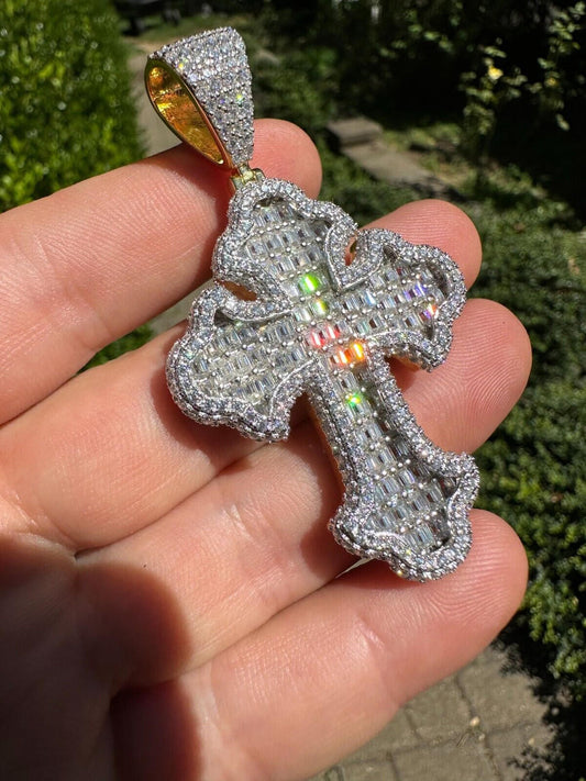Hip Hop MOISSANITE Gothic Tupac Cross Pendant Iced Baguette Necklace 14k Gold Vermeil 925 Silver