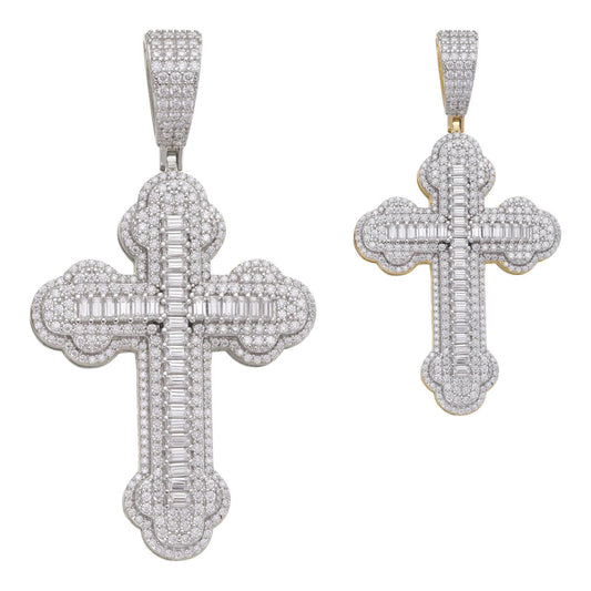 Hip Hop MOISSANITE Iced Gothic Baguette Cross Pendant - 14k Gold Vermeil or 925 Silver - Medium 2.25"