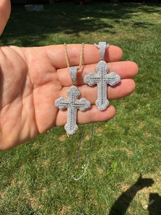 Hip Hop Moissanite Iced Gothic Baguette Cross Pendant - Iced 925 Silver / Gold Necklace