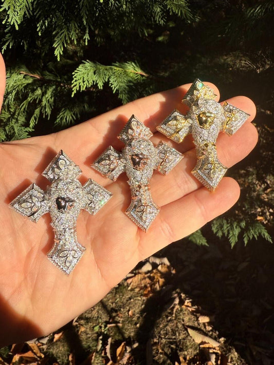 Hip Hop MOISSANITE Jesus Face Lil Uzi Cross Pendant - 14k Yellow/Rose Gold Vermeil Or 925 Silver - Large 2.25"