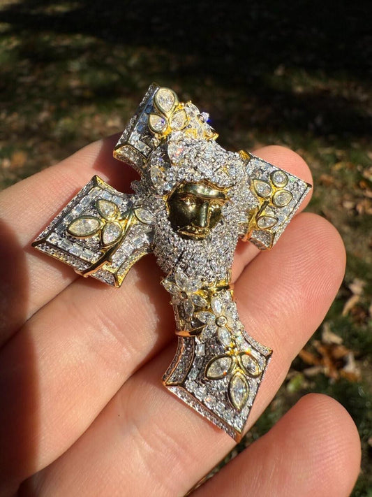 Hip Hop MOISSANITE Jesus Face Lil Uzi Cross Pendant - 14k Yellow/Rose Gold Vermeil Or 925 Silver - Large 2.25"