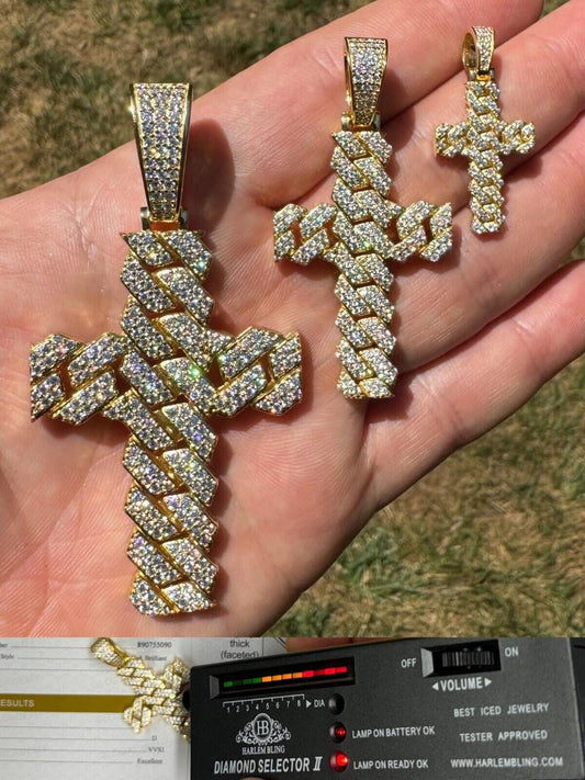Hip Hop MOISSANITE Miami Cuban Prong Set Iced Out Cross Pendant - 14k Gold Vermeil 925 Silver - 3 Sizes 1.25"-3.25"