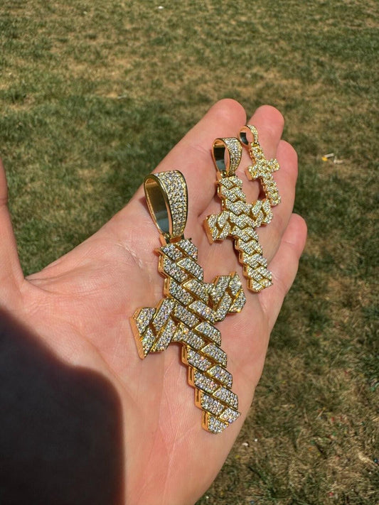 Hip Hop MOISSANITE Miami Cuban Prong Set Iced Out Cross Pendant - 14k Gold Vermeil 925 Silver - 3 Sizes 1.25"-3.25"