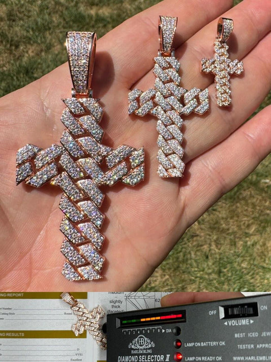 Hip Hop MOISSANITE Miami Cuban Prong Set Iced Out Cross Pendant - 14k Rose Gold Vermeil 925 Silver - 3 Sizes 1.25"-3.25"