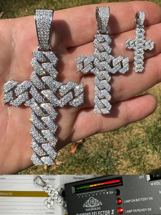 Hip Hop MOISSANITE Miami Cuban Prong Set Iced Out Cross Pendant - 925 Silver - 3 Sizes 1.25"-3.25"