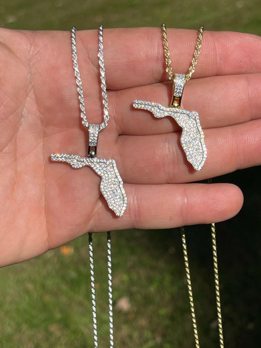 Hip Hop MOISSANITE Real 925 Silver / 14k Gold Hip Hop Florida State Shape Pendant Iced