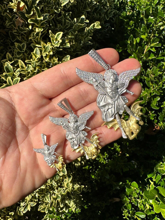 Hip Hop MOISSANITE St Michael Slaying Dragon Pendant 925 Silver & 14k Gold Necklace Iced