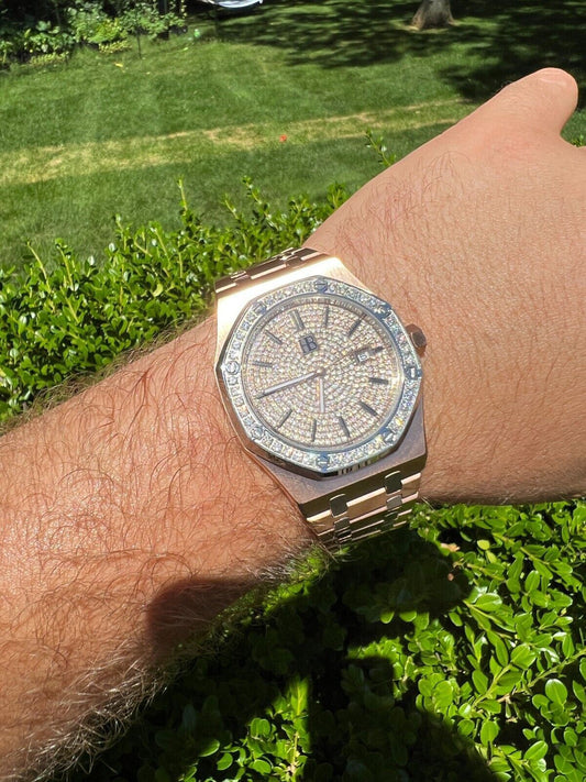 Hip Hop MOISSANITE Watch Iced Automatic Skeleton Back Rose Gold and Stainless Steel 44mm