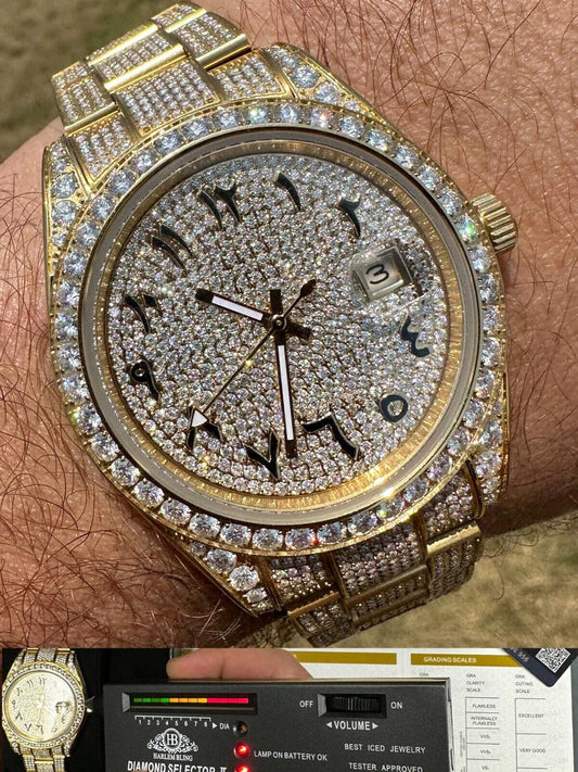 Hip Hop No Logo 16ct MOISSANITE Mens Gold Presidential Watch Honeycomb Iced Arabic Dial