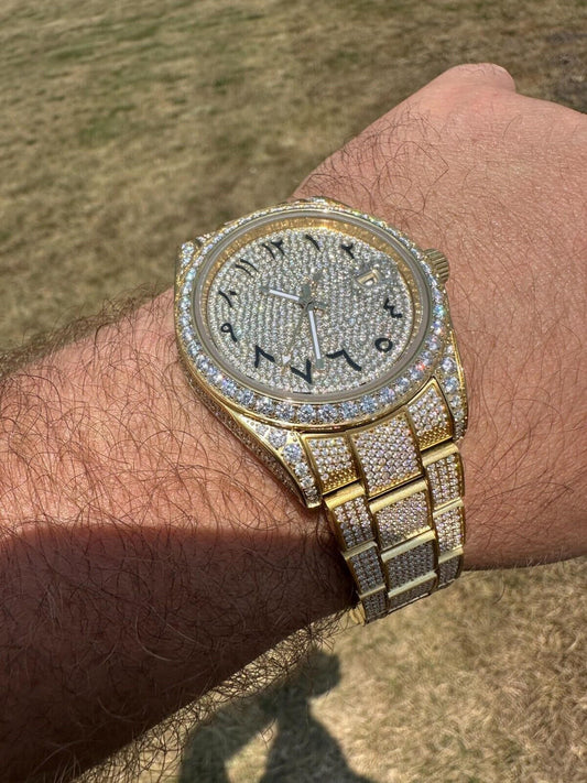 Hip Hop No Logo 16ct MOISSANITE Mens Gold Presidential Watch Honeycomb Iced Arabic Dial