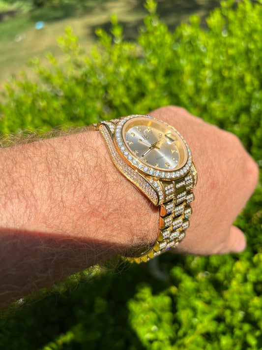 Hip Hop Real 13.3ct MOISSANITE Automatic Presidential Watch Gold Iced Hip Hop Pearl Face