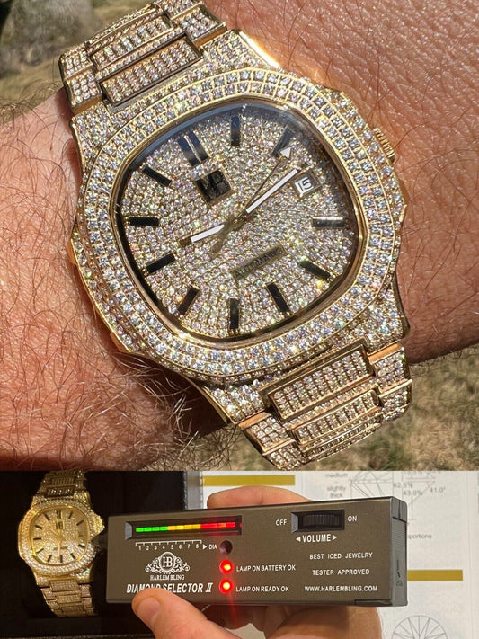 Hip Hop Real 14ct MOISSANITE Mens Watch Fully Iced Stainless 14k Gold Pass Diamond Test