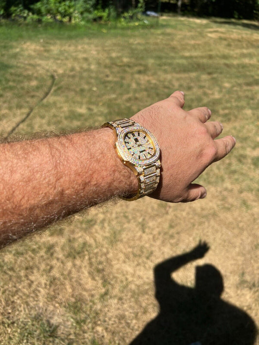 Hip Hop Real 14ct MOISSANITE Mens Watch Fully Iced Stainless 14k Gold Pass Diamond Test