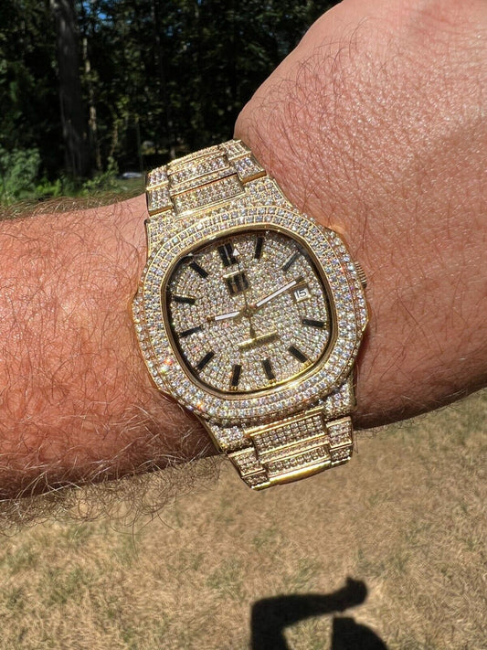 Hip Hop Real 14ct MOISSANITE Mens Watch Fully Iced Stainless 14k Gold Pass Diamond Test