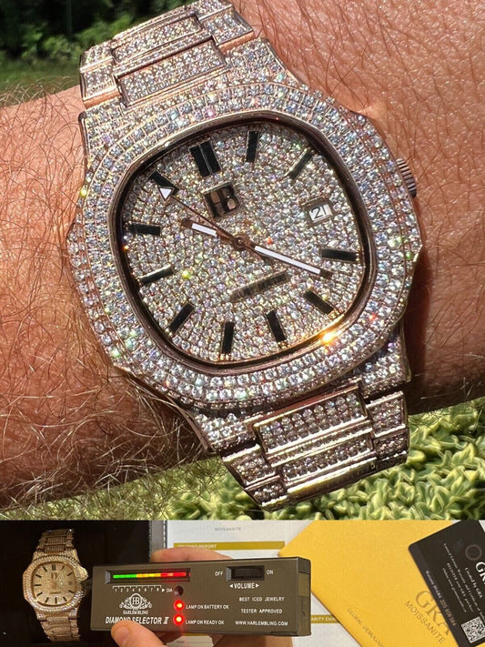 Hip Hop Real 14ct MOISSANITE Mens Watch Iced Stainless 14k Rose Gold Pass Diamond Test