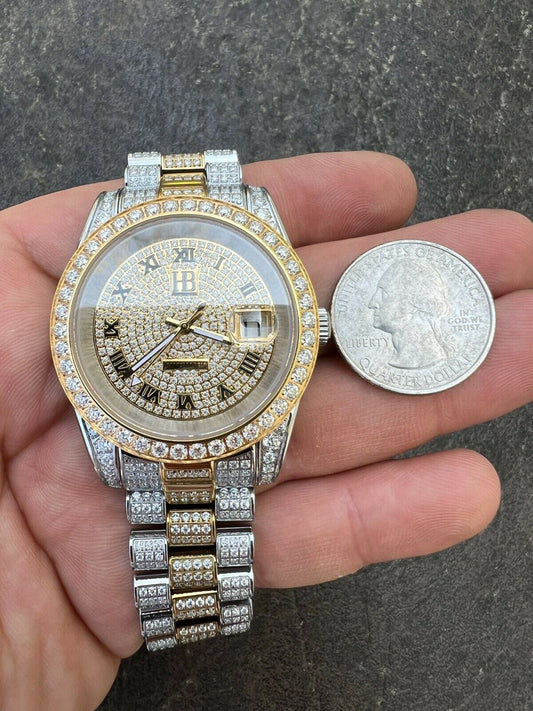 Hip Hop Real 15ct MOISSANITE Mens Presidential Watch Gold Iced Hip Hop Pass Diamond Test