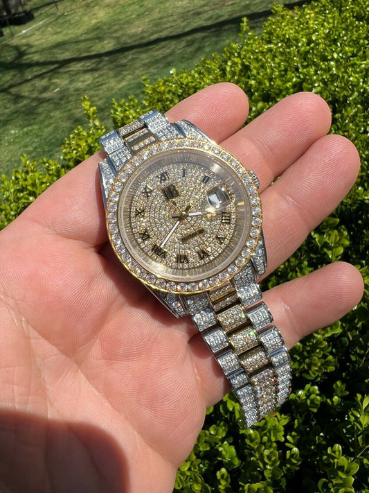 Hip Hop Real 15ct MOISSANITE Mens Presidential Watch Gold Iced Hip Hop Pass Diamond Test