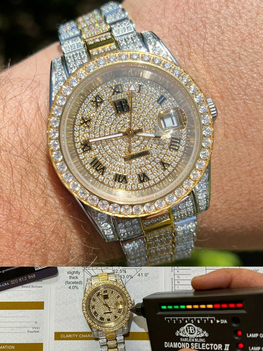 Hip Hop Real 15ct MOISSANITE Mens Presidential Watch Gold Iced Hip Hop Pass Diamond Test
