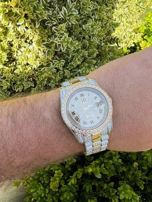 Hip Hop Real 15ct MOISSANITE Mens Presidential Watch Gold Iced Hip Hop Pass Diamond Test