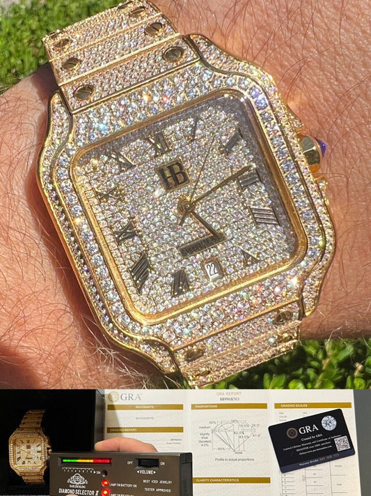 Hip Hop Real 16ct VVS MOISSANITE Mens Gold Watch Iced Sweeping Hand Automatic Hip Hop