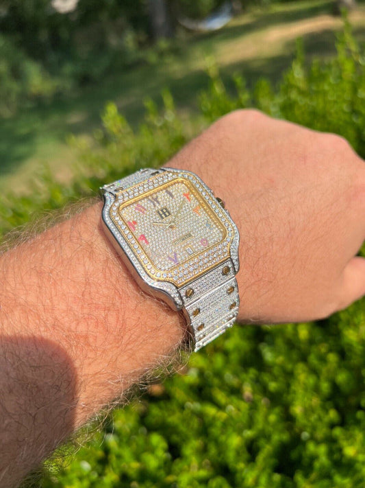 Hip Hop Real 16ct VVS MOISSANITE Watch Iced Automatic Movement Gold Hip Hop Arabic Out