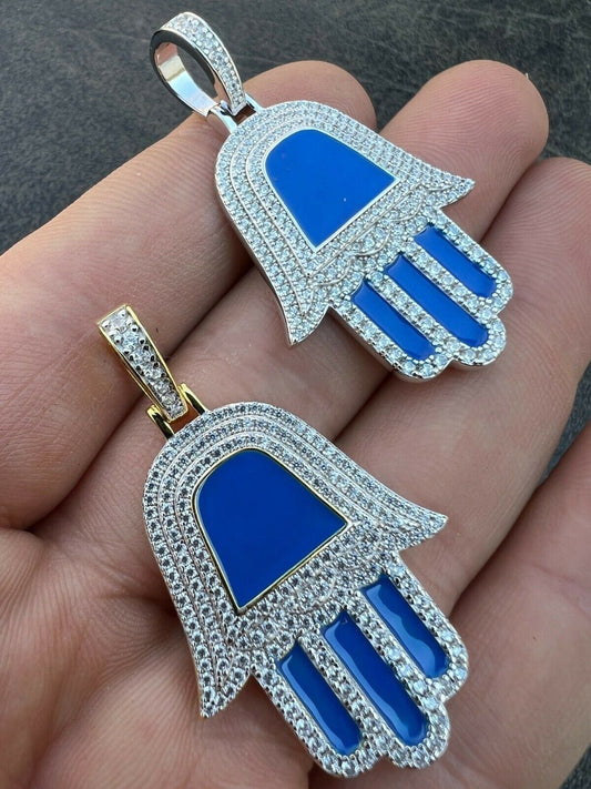 Hip Hop Real 925 Silver Gold Blue Hamsa Hand Pendant Iced Diamond Necklace Hamza Hip Hop