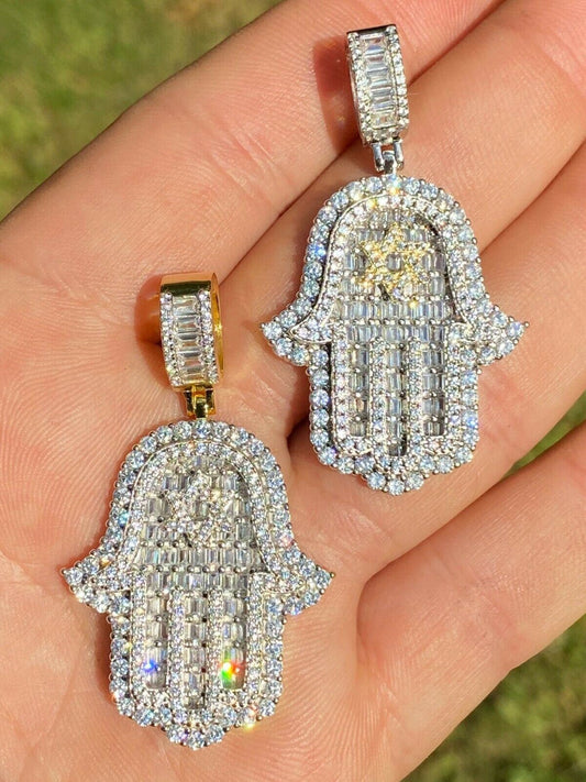 Hip Hop Real 925 Sterling Silver Hip Hop Hamsa Hand Star Of David Pendant Iced Diamond