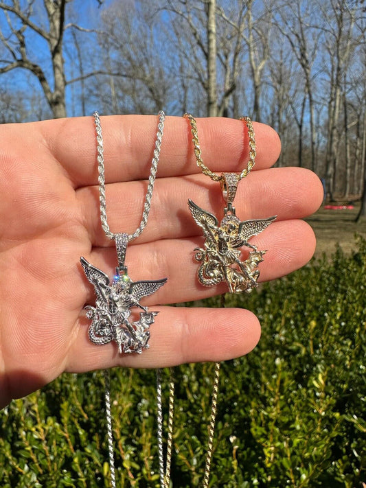 Hip Hop Real Diamond Saint Michael Archangel Pendant Solid 925 Silver Necklace Pendant