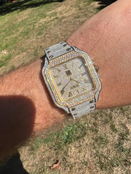 Hip Hop Real Iced Harlembling Mens Watch Real Automatic Movement Hip Hop Two Tone Gold