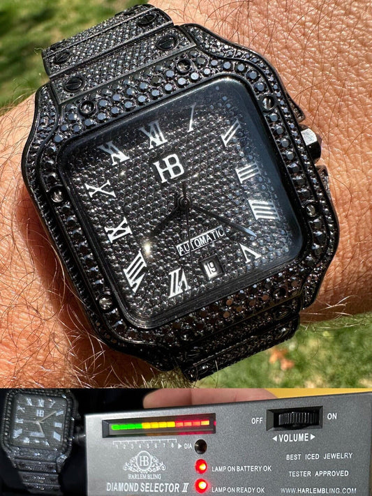 Hip Hop Real Mens 16ct Black MOISSANITE Watch Iced Automatic Movement Hip Hop Bust Down