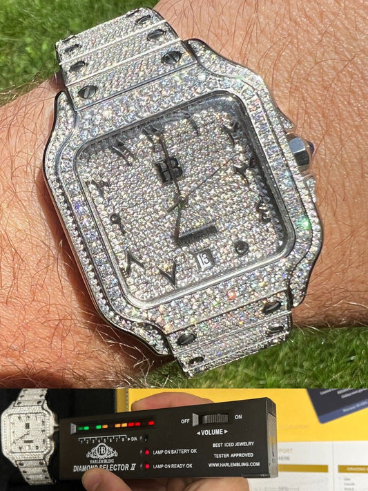 Hip Hop Real Mens 16ct MOISSANITE Watch Iced Automatic Movement Hip Hop Arabic Bust Down