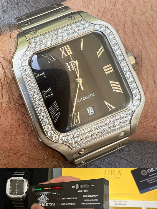 Hip Hop Real Mens 2.5ct MOISSANITE Watch Hip Hop Iced Automatic Movement Black Face